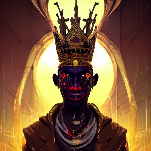 Image similar to a dark and ominous african moor with hypnotizing eyes and a golden crown with a ruby, Apex Legends character digital illustration portrait design, by android jones and greg rutkowski in a cyberpunk voodoo style, detailed, cinematic lighting, wide angle action dynamic portrait