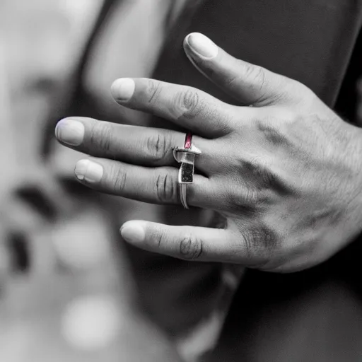 Prompt: a normal male hand with a five-finger ring and a cigarette between the middle and index fingers
