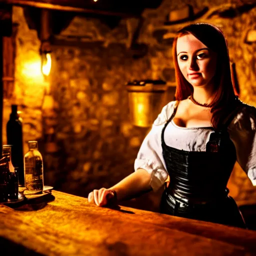 Prompt: attractive bar maid in a medieval tavern at night, cinematic, filmic