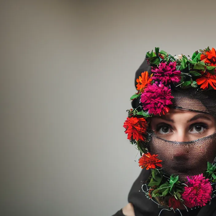 Image similar to a closeup of a woman wearing a hood made of wire and zinnias, in an abandoned office building, canon eos c 3 0 0, ƒ 1. 8, 3 5 mm, 8 k, medium - format print