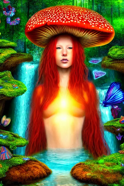 Prompt: a realistic portrait of a beautiful red haired mushroom goddess, standing in a waterfall, in an enchanted psychedelic mushroom forest, eating a mushroom, butterflies, waterfalls, sunbeams, at sunset, wlop,