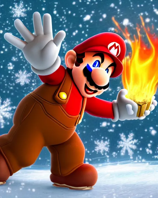 Prompt: Super mario in the world of Diablo, throwing fireballs, winter, blizzard