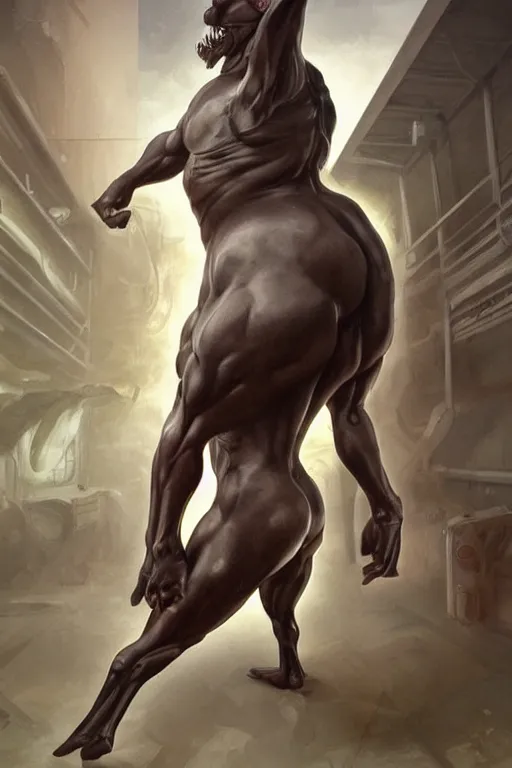 Image similar to splash art of a monstrously buff and muscular anthropomorphic horse at a research facility of experimental combat troopers, experimental tight bodysuit, leather clothes, full body, highly detailed, digital painting, trending on artstation, concept art, sharp smooth focus, illustration, art by artgerm and greg rutkowski and alphonse mucha