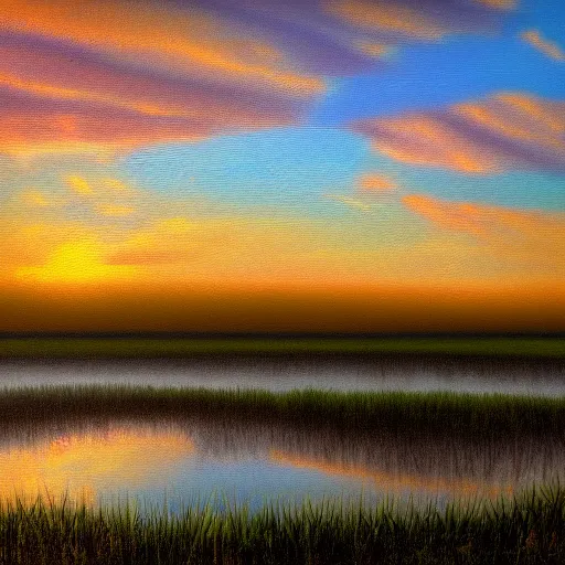 Image similar to sunrise in the everglades, oil painting, minimalist, digital art, 8 k photo