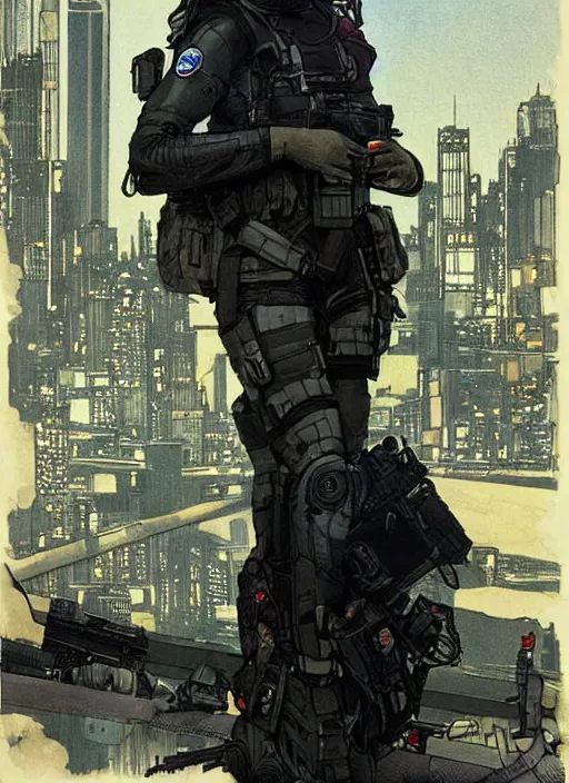 Image similar to Selina. USN special forces operator looking at city skyline. Agent wearing Futuristic stealth suit. rb6s Concept art by James Gurney, Alphonso Mucha.