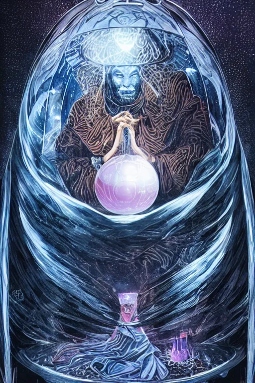 Image similar to wizard in a hooded cloak gazing into a crystal ball, high details, intricately detailed, by vincent di fate, artgerm julie bell beeple, inking, screen print