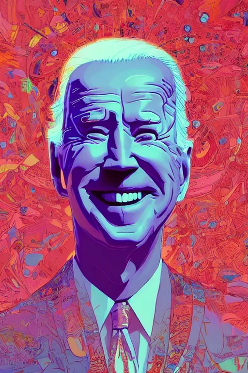 Prompt: candid portrait of joe biden mid turn, smiling down from above, artstation winner by victo ngai, kilian eng and by jake parker vibrant colors, winning - award masterpiece, fantastically gaudy, aesthetic octane render, 8 k hd resolution