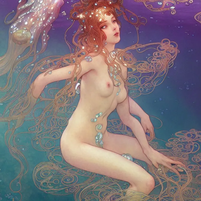 Prompt: a beautiful ethereal goddess underwater with lots of jellyfish, a luminescent ray of light, shimmering and prismatic, rococo, by krenz cushart and mucha and gustav klimt, trending on artstation