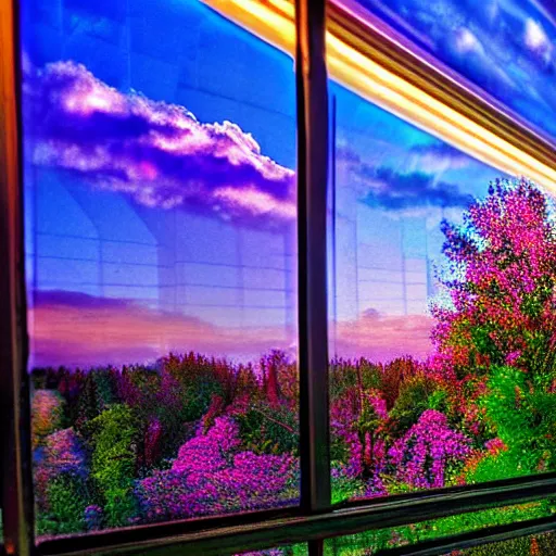 Image similar to Window View of Heavenly Beautiful Scenery with iridescent towers castles of light Highly detailed Trees Gardens flowers in bloom birds clouds sunset holographic metallic prismatic reflections metallic hummingbirds Depth of field HDR 8K