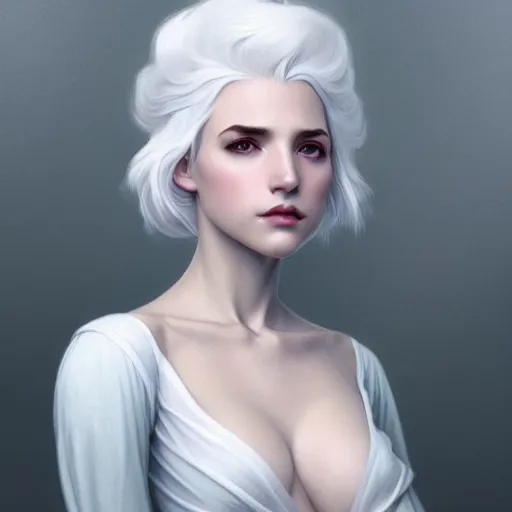 Image similar to white haired aristocrat, full body portrait, gentle, solemn face, cloth, female, city landscape, d & d, fantasy, intricate, elegant, digital painting, white grey color palette, artstation, octane render, concept art, matte, sharp focus, illustration, herrarthstone, art by artgerm and greg rutkowski and alphonse mucha