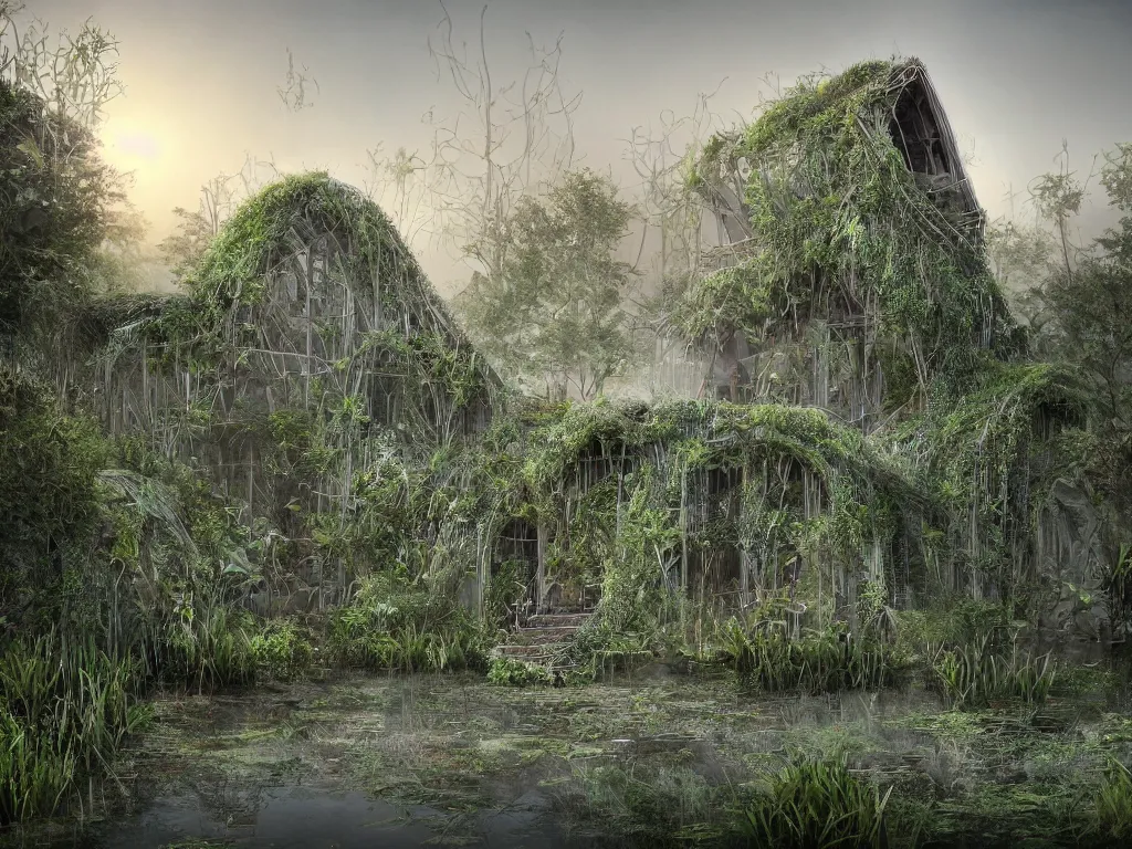 Prompt: beautiful organic house structure made of strange plants, located in a swamp at sunrise, (mist), ultra wide angle, moebius, chillwave, futuresynth, door, windows