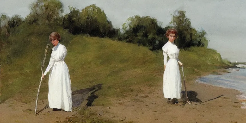 Prompt: A young Edwardian woman wearing a white dress, uses a metal detector on a beach in Sweden, in the style of Anders Zorn