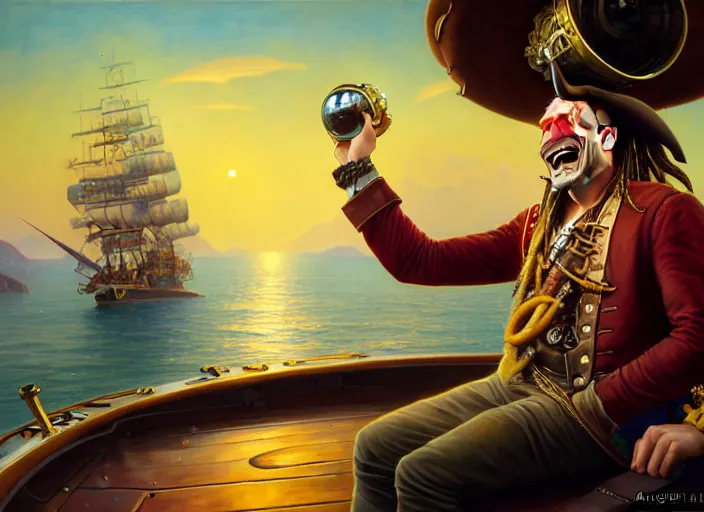 Image similar to highly detailed painting of a laughing Elon Musk as a pirate captain, proudly posing at the helm of his frigate wearing a pirate hat at sunset, artstation, cinematic lighting, hyperdetailed, cgsociety, 8k, high resolution, insanely detailed and intricate, concept art, smooth, sharp focus, illustration, art by Peter Mohrbacher and Alphonse Mucha, masterpiece