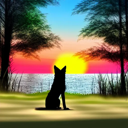 Image similar to view from behind of wolf pup sitting on the shore of a pond, looking out at a sunset, digital art, award winning stunning illustration