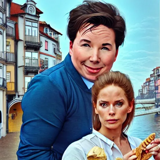 Prompt: portrait of michael mcintyre & a blonde fuller figured middle aged barbara bach from the bond film wearing blue dungarees and eating ice creams in porto, real life skin, intricate, elegant, highly detailed, artstation, concept art, smooth, sharp focus, art by artgerm and greg rutkowski and alphonse mucha