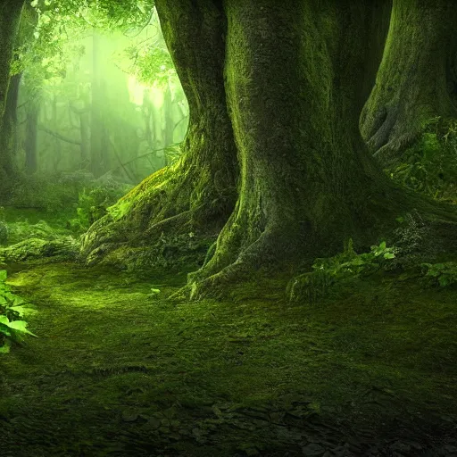 Prompt: deep forest lush green, wizards and folklore, photorealistic, hd, three dimensional