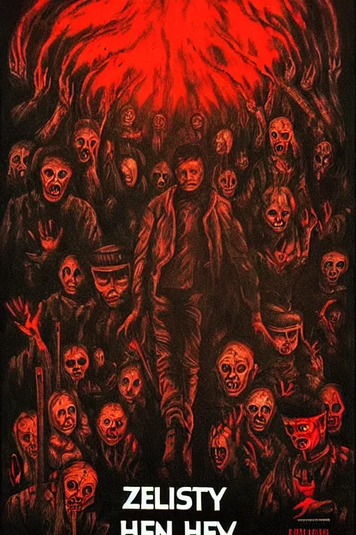 Image similar to zelensky went to hell, art in the style of a poster for horror films in a cinema, detailed art in color