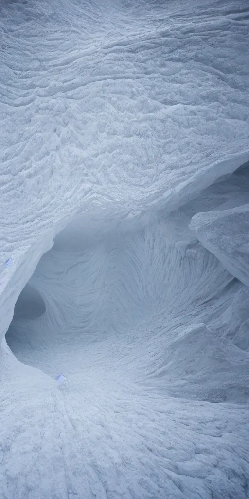 Prompt: a frozen canyon, minimalist structure, covered in ice, in the style of reuben wu, roger deakins