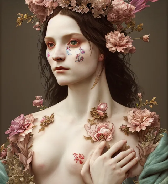 Prompt: baroque portrait of a icelandic princess of porceline skin, full body floral tattoos, cinematic lighting, photorealistic, octane render, 8 k, art by artgerm and greg rutkowski and alphonse mucha and uang guangjian