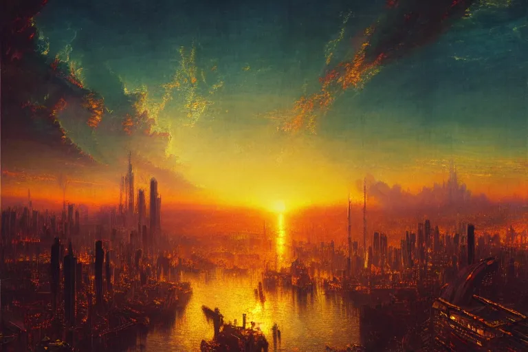 Prompt: Aerial shot of a cyberpunk city at sunset by Turner and Thomas Cole, Impressionism, Romanticism, neon lights, hyper detailed