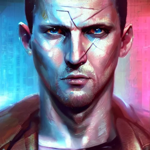 Image similar to cyberpunk, armitage, closeup portrait of a crazy ex soldier with a battlescar, light blue eyes, brown buzzcut, dramatic light, city background, sunset, dystopian setting, high contrast, sharp, neuromancer, painted by stanley lau, painted by greg rutkowski, painted by stanley artgerm, digital art, trending on artstation