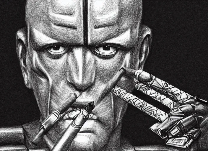 Prompt: basic professional pencil drawing of robot warlord smoking a cigar, uhd, ultra realistic, 4 k, movie still, detailed, sharp, real life, cinematic