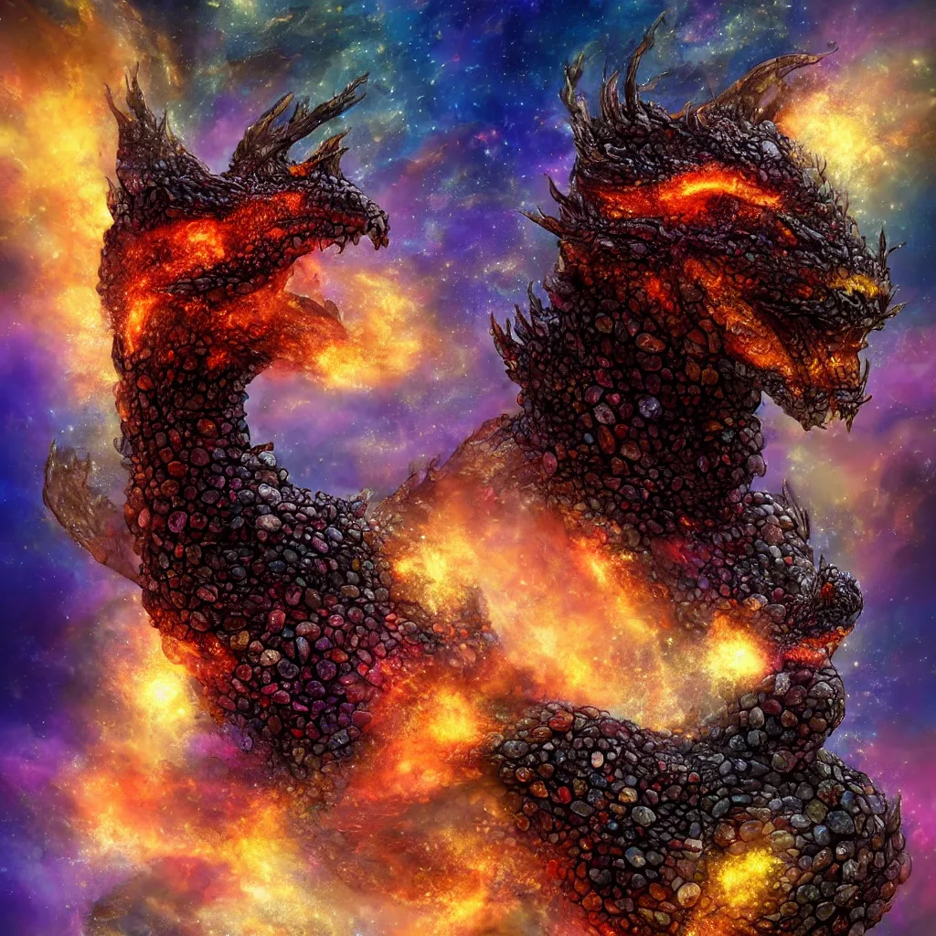 Image similar to A portrait of a dragon made of stones in a nebula explosion, trending on artstation, digital art,