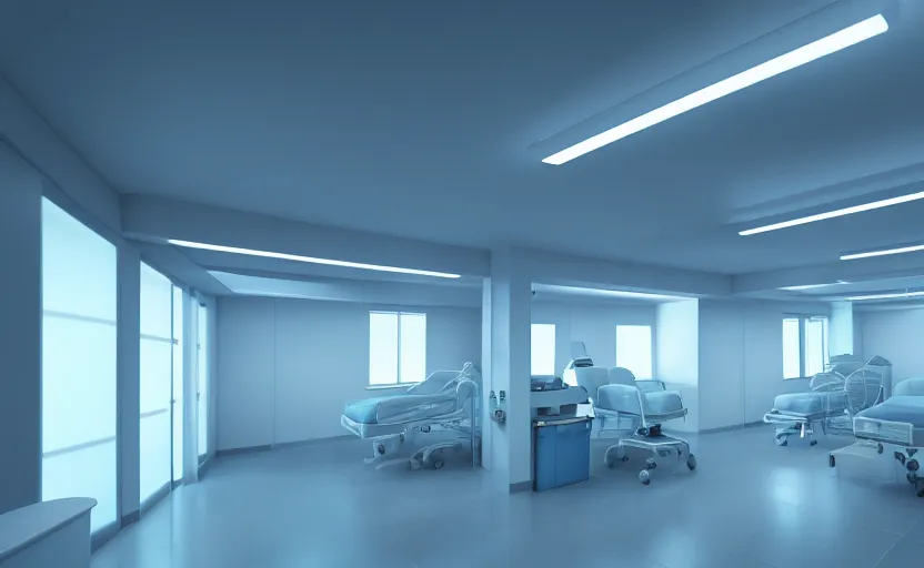 Prompt: a hospital with soft blue lights in the roof, octane render, artstation trending, highly detailded