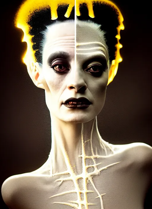 Image similar to high key lighting, portrait of a beautiful gentle futuristic bride of frankenstein, kintsugi, modern fine art, fractal, intricate, elegant, highly detailed, digital photography, subsurface scattering, by jheronimus bosch and greg rutkowski, andy worhol