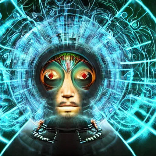 Prompt: photograph of third eye biomechanoid time traveller, a indigenous shaman in trance, inside time machine thunder energy portal in cave, contemplating a comune of brain to brain abducted shamans, connected in telephatic trance to mothership earth