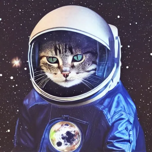 Prompt: a cat wearing an astronaut helmet, flying through the galaxy