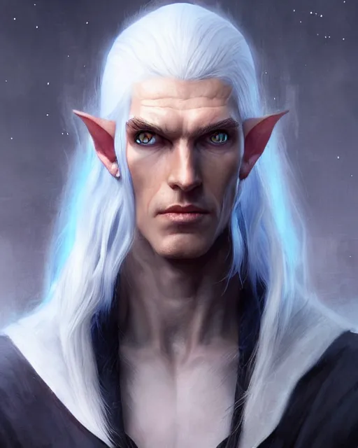 Prompt: character portrait of a slender half - elven man with white hair and piercing blue eyes, by greg rutkowski, mark brookes, jim burns, tom bagshaw, trending on artstation