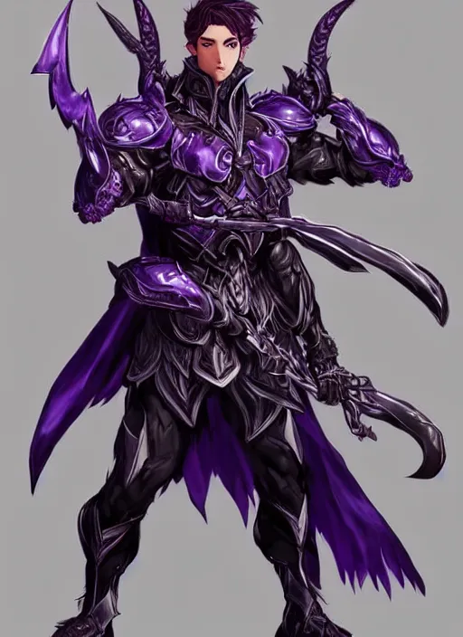 Image similar to Full body portrait of a handsome elven aristocrat with short hair wearing purple heavy armor. In style of Yoji Shinkawa and Hyung-tae Kim, trending on ArtStation, dark fantasy, great composition, concept art, highly detailed, dynamic pose.