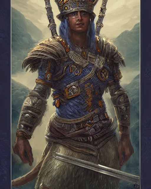 Prompt: digital painting of incan lancer, by filipe pagliuso and justin gerard, symmetric, fantasy, highly detailed, realistic, intricate, portrait, sharp focus, tarot card, face, handsome, peruvian