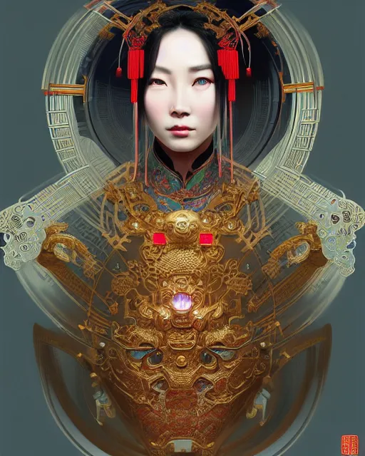 Image similar to portrait of a chinese cyberpunk machine, machine face, upper half portrait, decorated with chinese opera motifs, regal, asian, fine china, wuxia, traditional chinese art intricate intense elegant 京 剧 highly detailed digital painting artstation concept art smooth sharp focus illustration, art by artgerm and greg rutkowski alphonse mucha 8 k