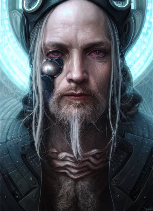 Prompt: closeup portrait shot of a cyberpunk wizard in a scenic dystopian environment, intricate, elegant, highly detailed, centered, digital painting, artstation, concept art, smooth, sharp focus, illustration, artgerm, tomasz alen kopera, peter mohrbacher, donato giancola, joseph christian leyendecker, wlop, boris vallejo