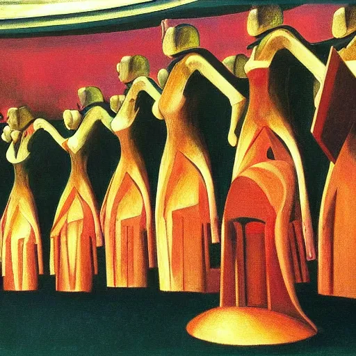 Image similar to robotic choir in an amphitheater, pj crook, grant wood, edward hopper, syd mead, chiaroscuro, oil on canvas