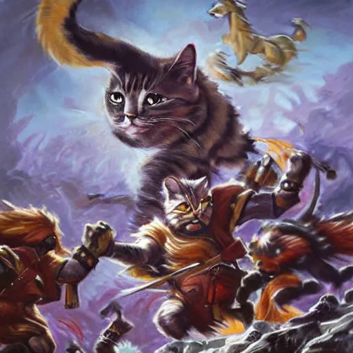 Prompt: cat warriors charging into battle fantasy painting heroic bearing by the best cat artist ever