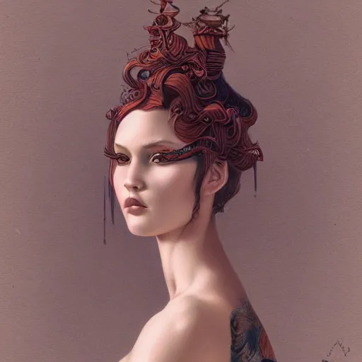 Image similar to wearing a full tight curvy long dress female, soft painting of curiosities and cyber illusions, perfectly detailed linework, symmetrical accurate intricate sensual features, highly detailed, artstation, sharp focus, tom bagshaw