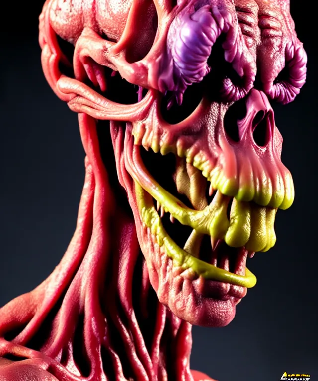 Image similar to hyperrealistic rendering, cronenberg flesh monster skeletor by art of skinner and richard corben and jeff easley, product photography, action figure, sofubi, studio lighting, colored gels