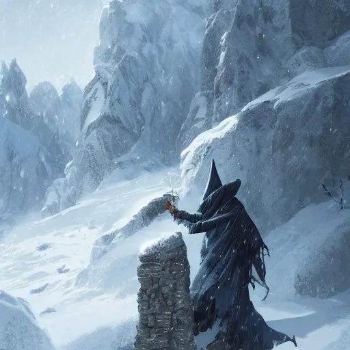 Image similar to a powerful wizard casting a spell on a snowy mountain top, greg rutkowski, 8 k, shallow depth of field, intricate detail, concept art,