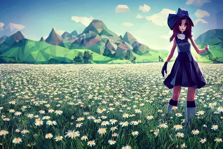 Prompt: ( ( low poly ) ) ( playstation ) running ( ( anthropomorphic ) ) ( ( tyrannosaurus ) ) ( maid ) wearing a hat ( standing ) in a ( field of daisies ), mount coronet in the distance digital illustration by ruan jia on artstation