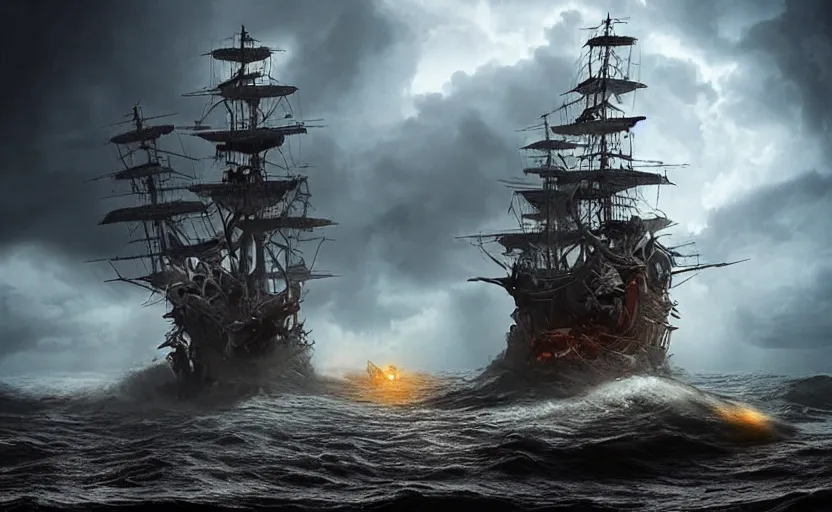 Image similar to “ a pirate ship in a treacherous lightning storm being attacked by a colossal seamonster, by igor morski, by peter morbacher, by robert hubert, rendered in octane, 8 k resolution, photorealistic, realistic shadows, trending on artstation ”