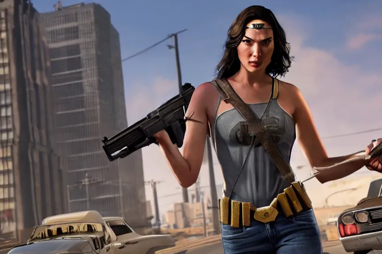 Prompt: gal gadot in gta 5, trending on artstation