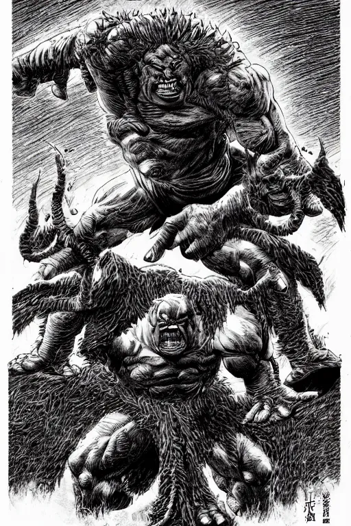 Image similar to hunched ogre, highly detailed, digital art, sharp focus, trending on art station, kentaro miura manga art style