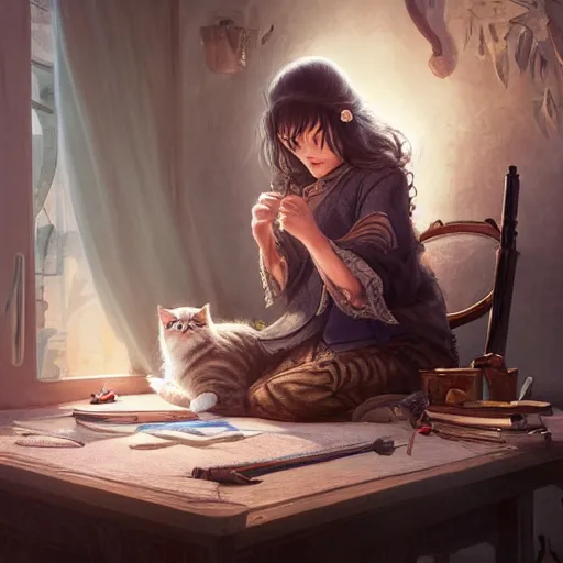 Prompt: a woman with dark wavy hair sitting doing embroidery, a cat sits at her feet, D&D, fantasy, cinematic lighting, highly detailed, digital painting, artstation, concept art, smooth, sharp focus, illustration, warm light, cozy warm tint, magic the gathering artwork, volumetric lighting, 8k, art by Akihiko Yoshida, Greg Rutkowski