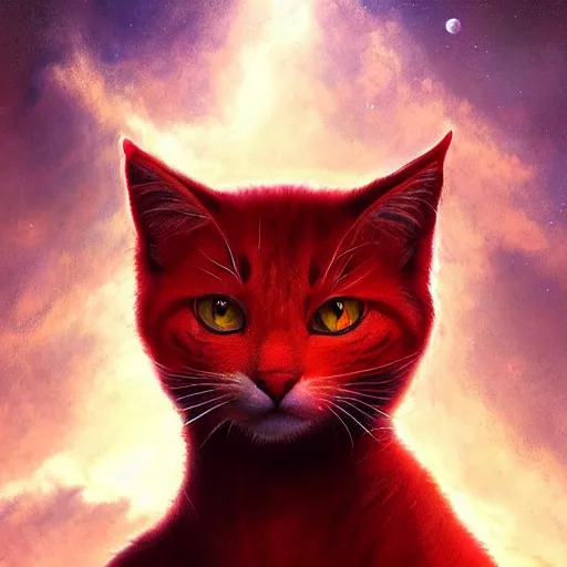 Image similar to portrait of a beautiful red cat celestial background, fantasy, highly detailed, cinematic lighting, digital art painting by artgem and greg rutkowsk, trending on artstation, very very beautiful, very attractive