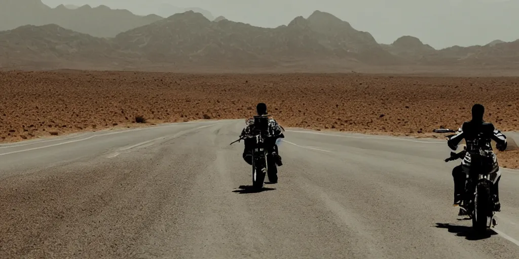 Image similar to Frank ocean wearing a black and white suit, riding a motorcycle in the desert on a road