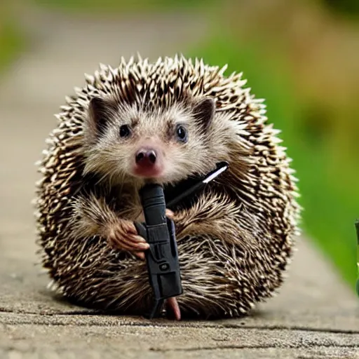 Image similar to still image of a hedgehog wearing body armor, hedgehog soldier with a gun, the hedgehog is holding a rifle, photo