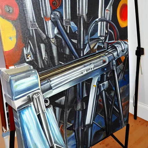 Prompt: a scary multi armed machine painting on an easel and canvas